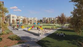 Rendering image of Turquoise Trail in Santa Fe, consisting of 13 three-story garden-style buildings. (Image courtesy Dominium) 