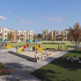 Rendering image of Turquoise Trail in Santa Fe, consisting of 13 three-story garden-style buildings. (Image courtesy Dominium) 
